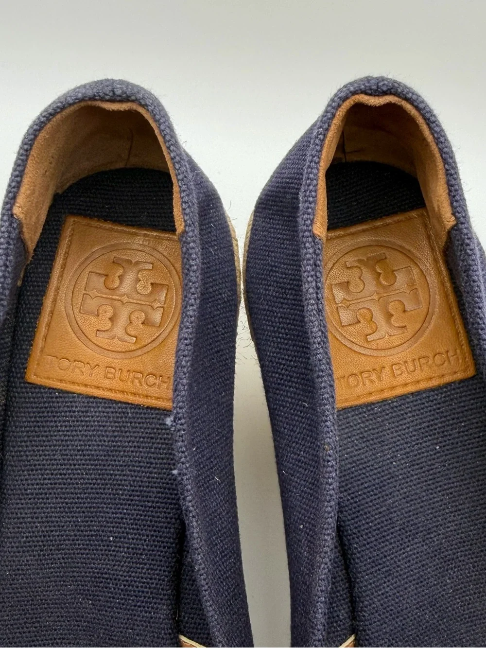Tory Burch Navy Canvas Espadrille Wedge Peep Toe Heels Women’s 8 Coastal Preppy